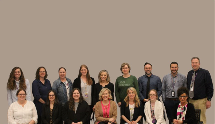 Photo Caption (back row left to right): Mr. Langdon, Mrs. Kilts, Mrs. Neff, Mrs. Campeau, Dr. Spring, Ms. Thomas, Mr. Perrone, Mr. Broedel, Principal Paradis.
(front row left to right): Mrs. Picolla, Mrs. Lemery, Ms. Gates, Mrs. MacPherson, Mrs. Aikins, Mrs. VanWormer, Ms. Hansen.