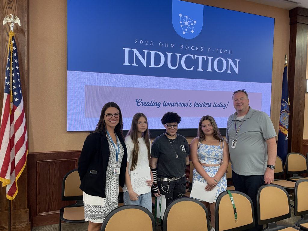 Photo Caption (left to right): Chirstina Warner, P-Tech Principal, Sophia Gutko, Abiri Woods, Rowan Gaudin, and Andre Paradis Waterville Jr./Sr. High School Principal