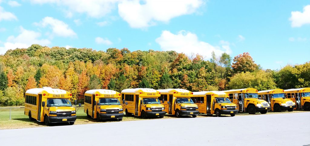 eight school buses in a row 