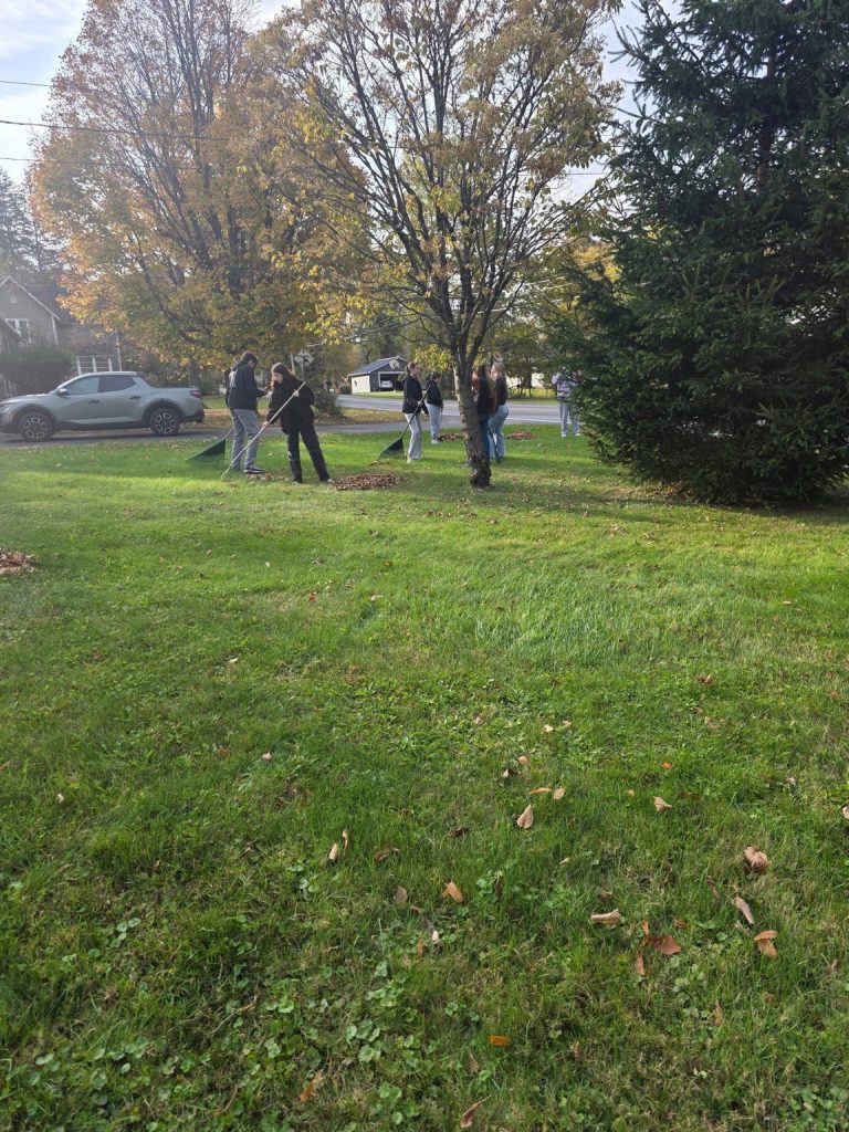 seven students raking leaves
