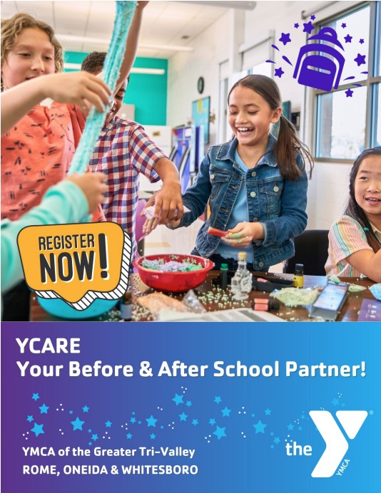 four students doing arts and crafts project with the wording YCARE Your After School Partner 